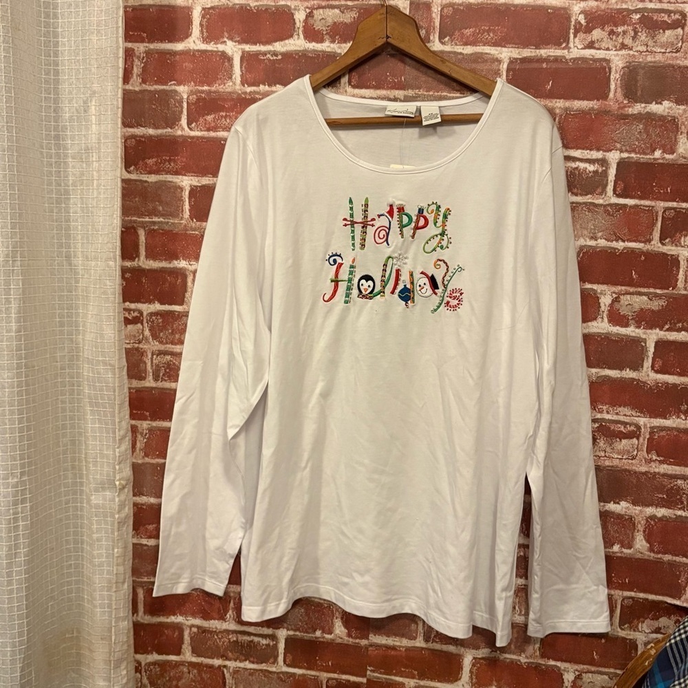 Holiday White Long Sleeve Women's Top with Colorful Embroidery